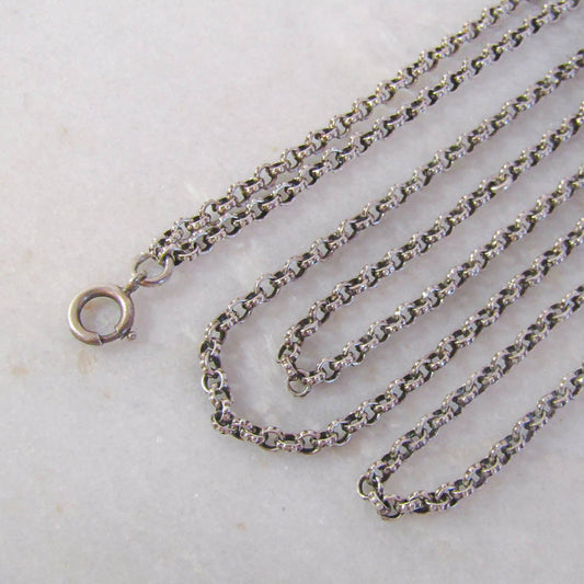 44" Antique Textured Silver Long Guard Chain with Rolo Links, French Victorian Muff Chain, XIX century necklace