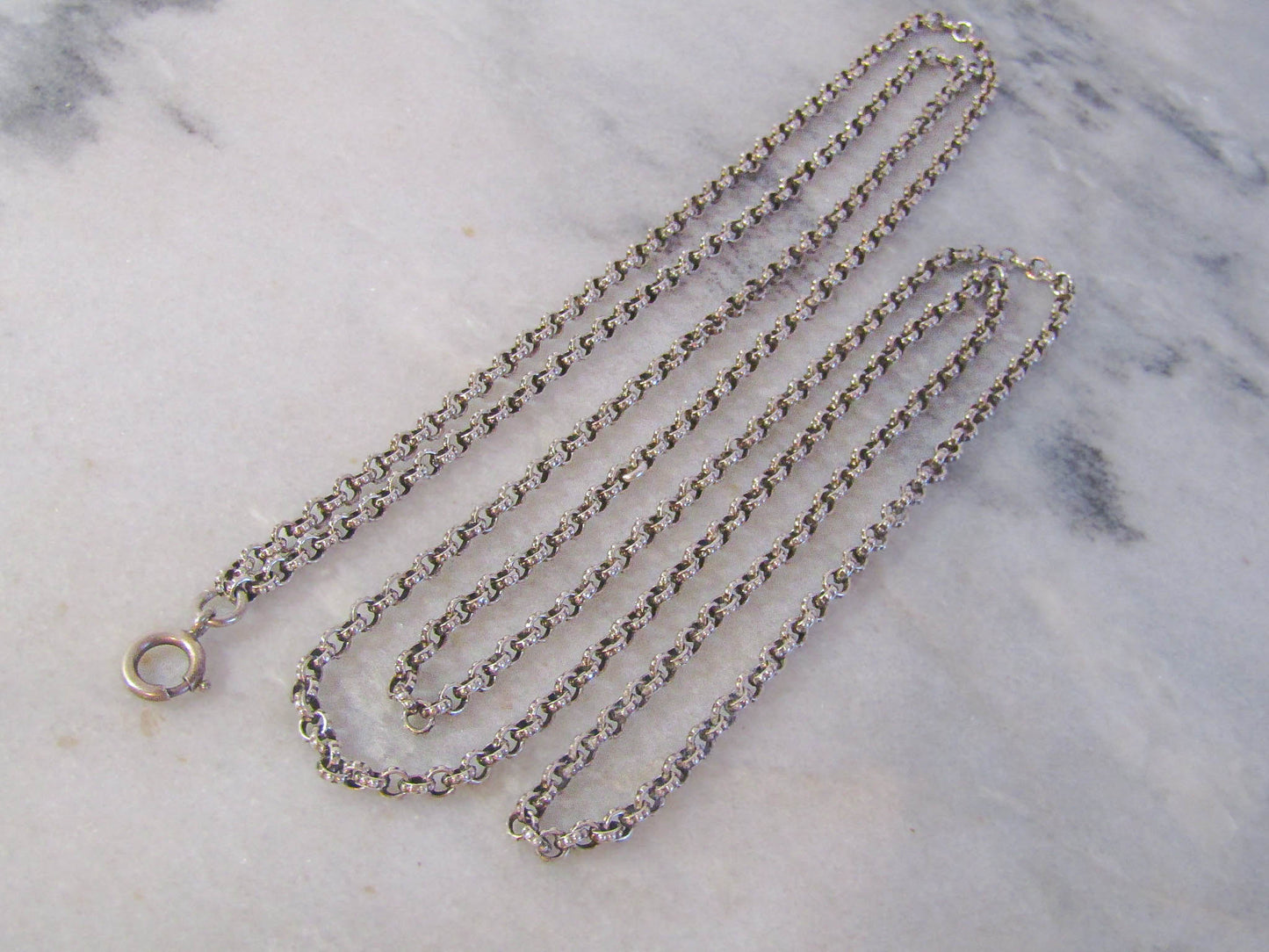 44" Antique Textured Silver Long Guard Chain with Rolo Links, French Victorian Muff Chain, XIX century necklace