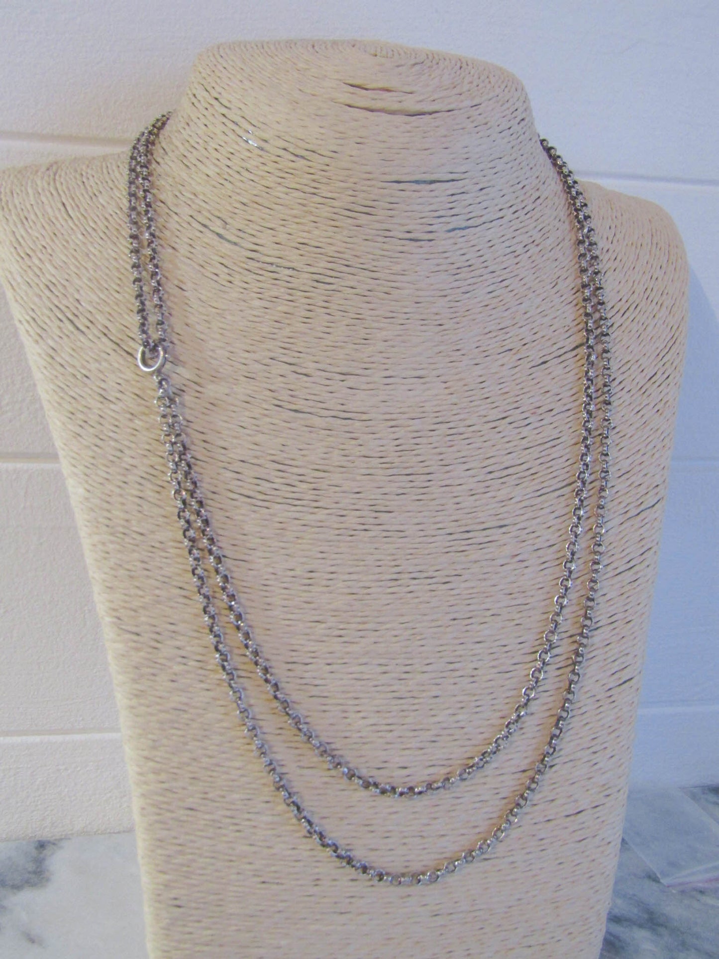 44" Antique Textured Silver Long Guard Chain with Rolo Links, French Victorian Muff Chain, XIX century necklace