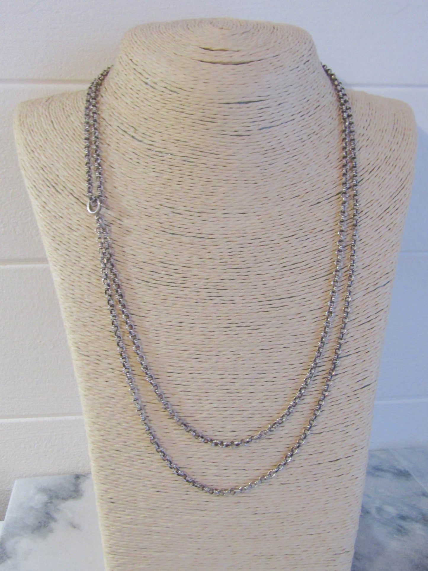 44" Antique Textured Silver Long Guard Chain with Rolo Links, French Victorian Muff Chain, XIX century necklace