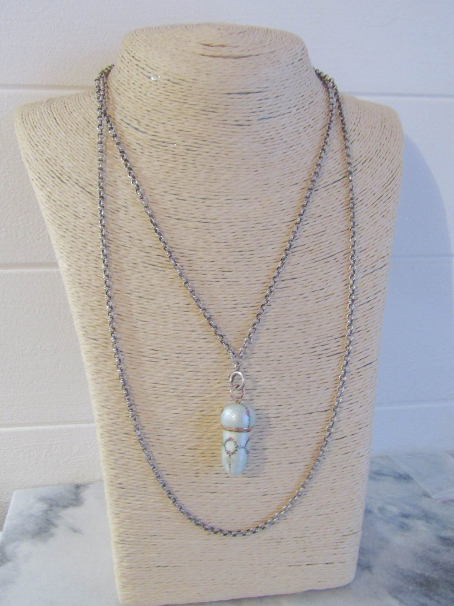 44" Antique Textured Silver Long Guard Chain with Rolo Links, French Victorian Muff Chain, XIX century necklace