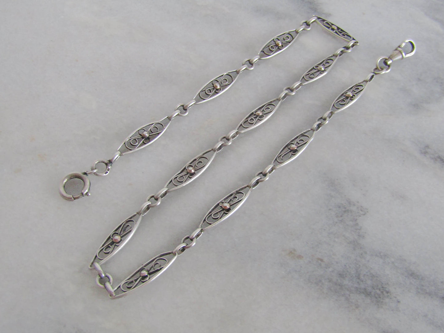 Antique Silver Filigree Watch Chain, French Choker Necklace with Dog Clip Clasp and Spring Ring