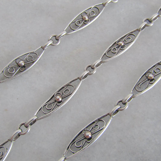 Antique Silver Filigree Watch Chain, French Choker Necklace with Dog Clip Clasp and Spring Ring