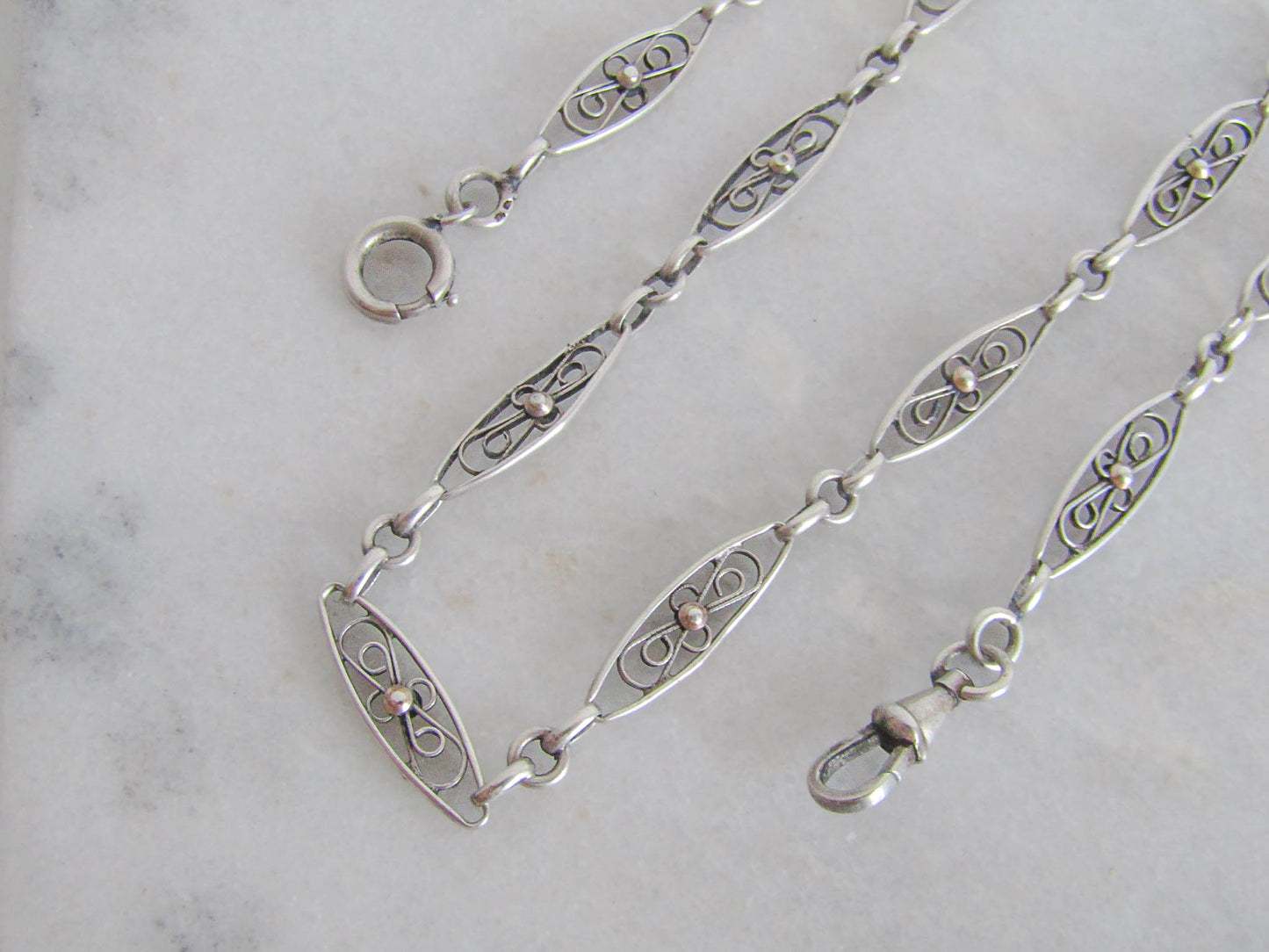 Antique Silver Filigree Watch Chain, French Choker Necklace with Dog Clip Clasp and Spring Ring