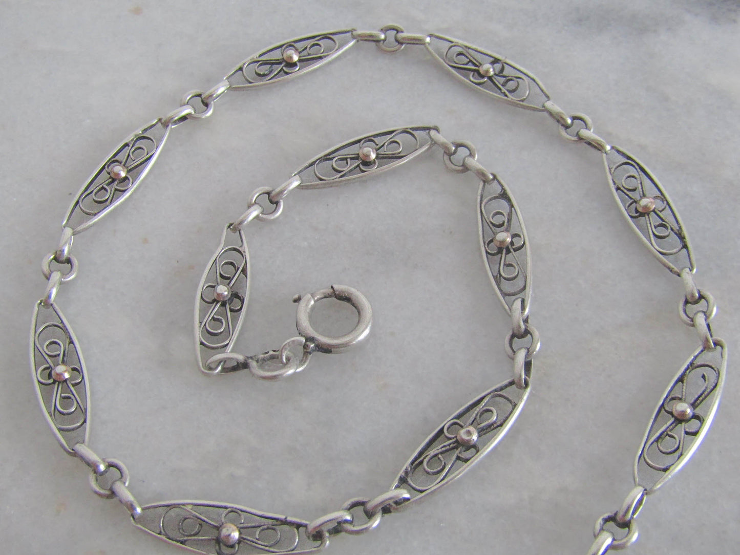 Antique Silver Filigree Watch Chain, French Choker Necklace with Dog Clip Clasp and Spring Ring