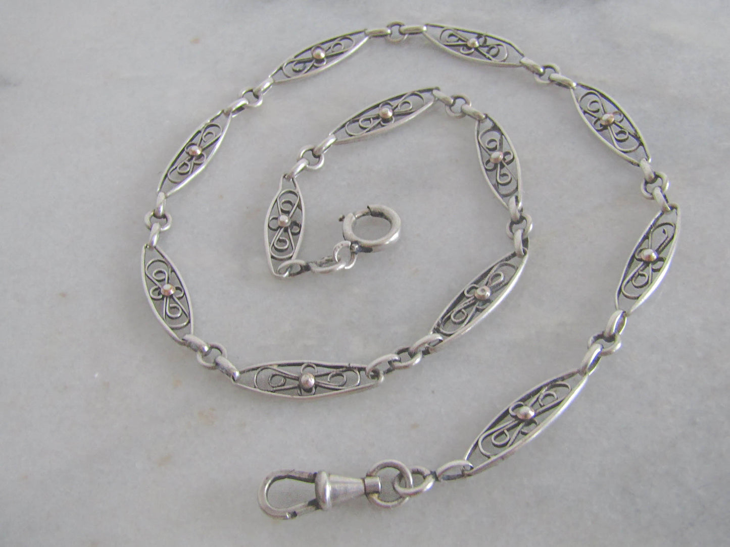 Antique Silver Filigree Watch Chain, French Choker Necklace with Dog Clip Clasp and Spring Ring