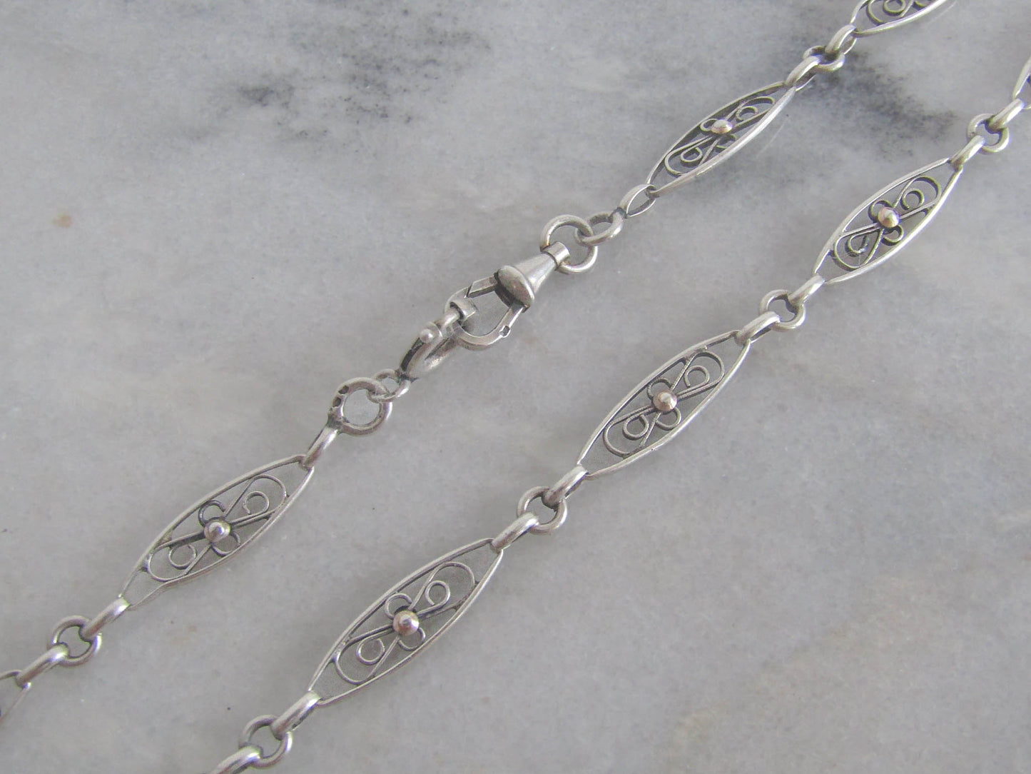 Antique Silver Filigree Watch Chain, French Choker Necklace with Dog Clip Clasp and Spring Ring