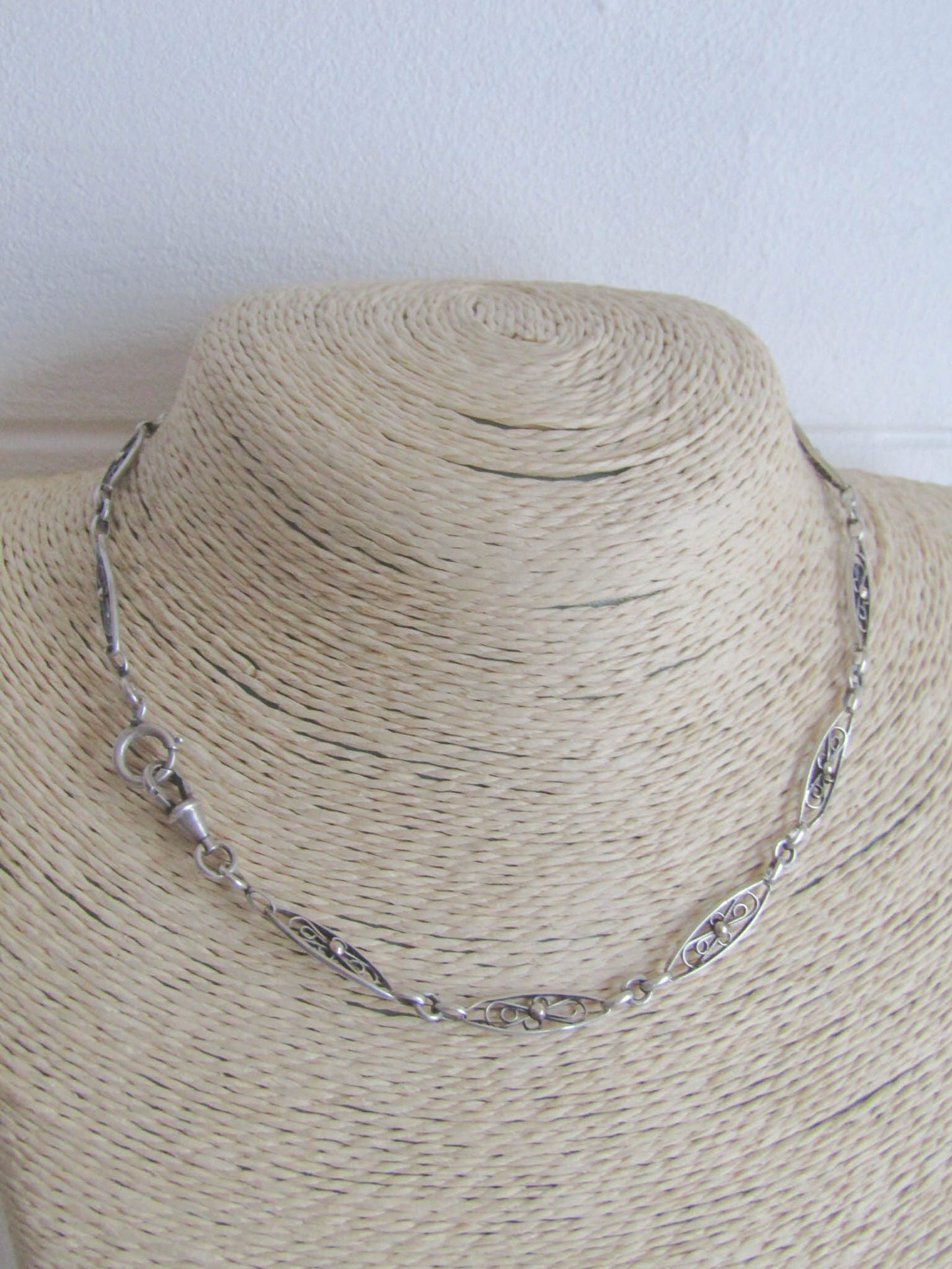 Antique Silver Filigree Watch Chain, French Choker Necklace with Dog Clip Clasp and Spring Ring