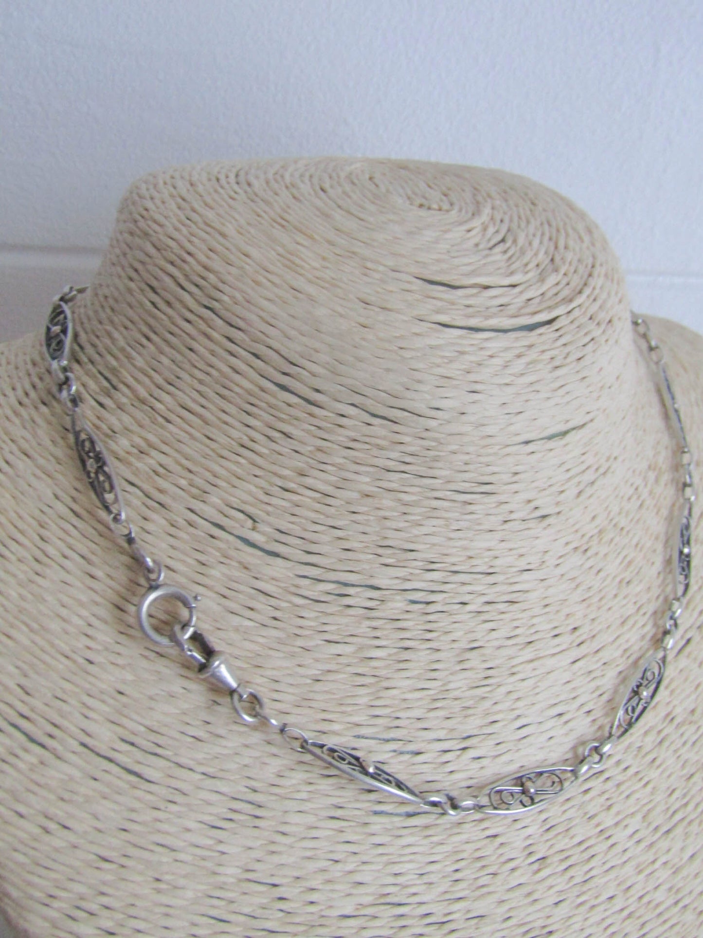 Antique Silver Filigree Watch Chain, French Choker Necklace with Dog Clip Clasp and Spring Ring