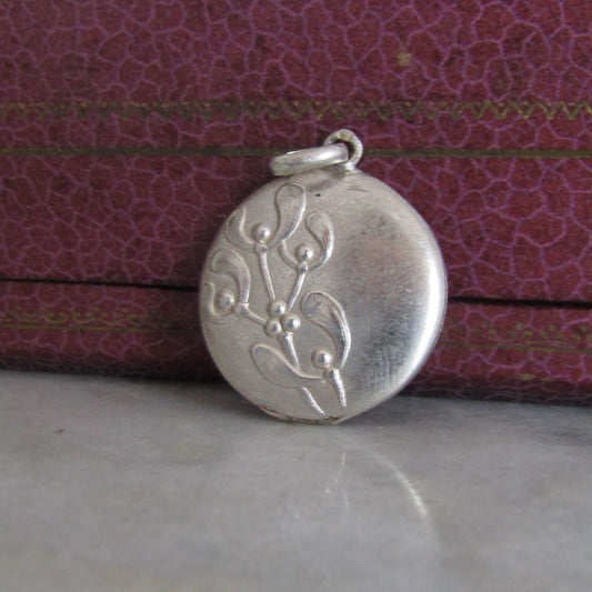 Antique Art Nouveau French Silver Mistletoe Round Locket