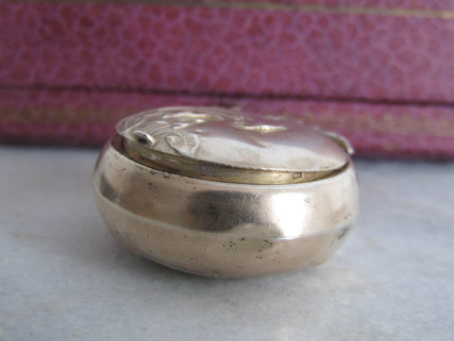 Antique Gold Washed Silver Art Nouveau Powder Box Pendant c. 1900