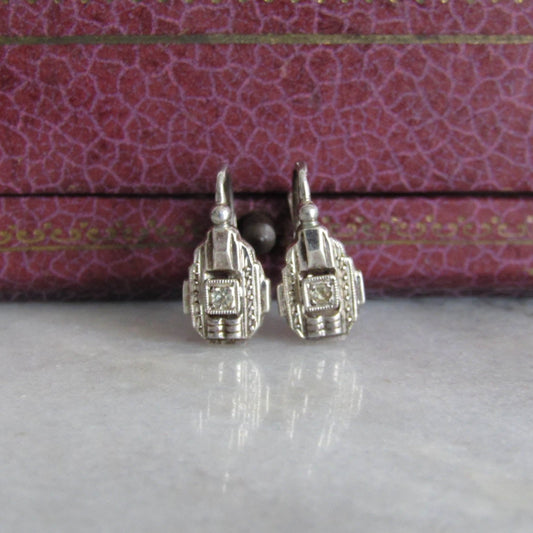 Vintage Solid Silver Art Deco Dormeuse Earrings, Deadstock French Art Deco Hinged Drop Earrings