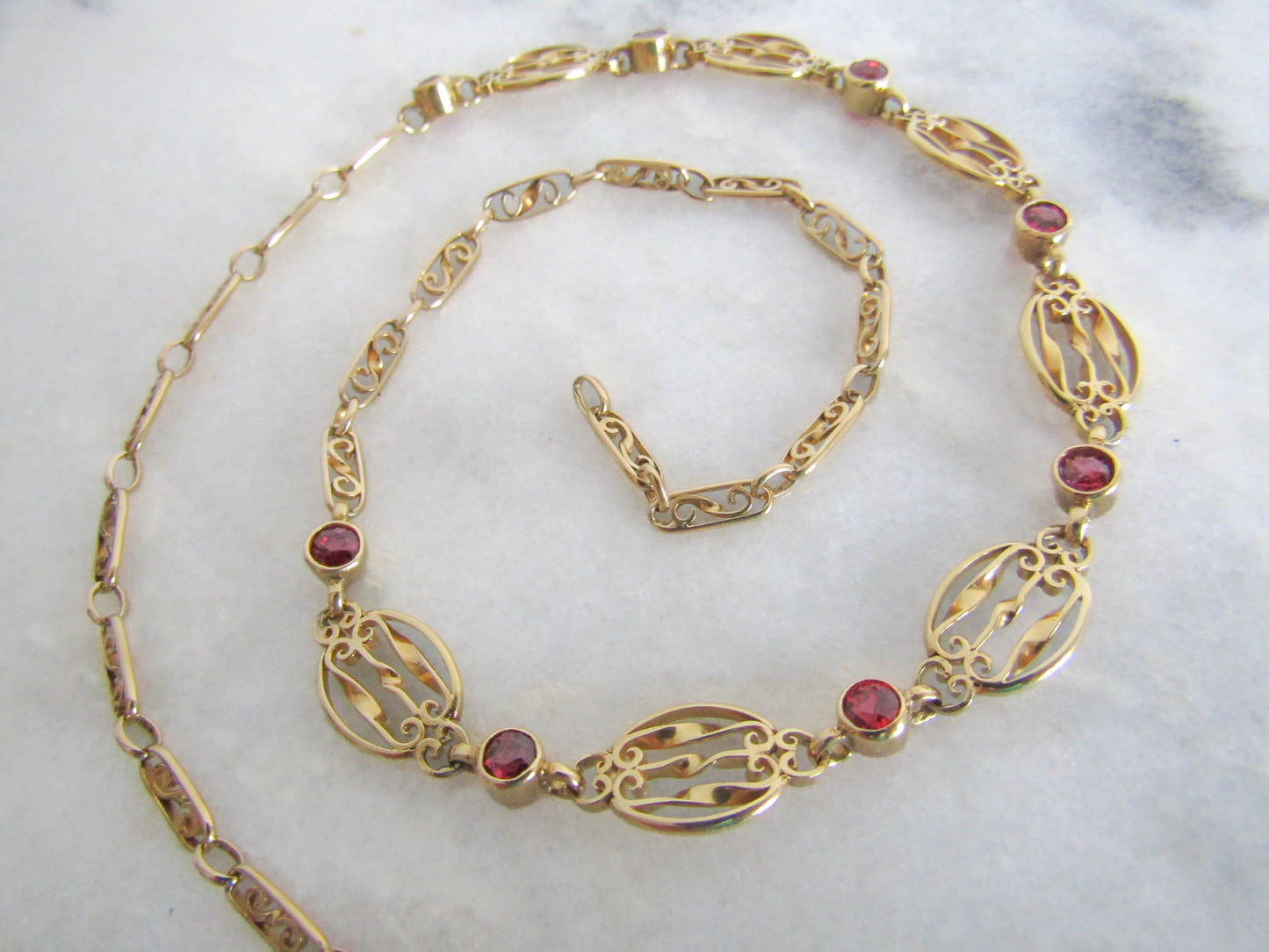 French 18K Solid Gold Drapery Necklace with Red Spinel, Antique Belle Epoque Choker Necklace c. 1900