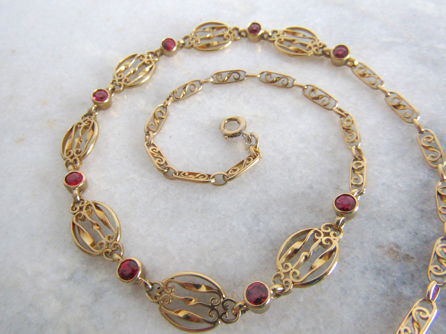 French 18K Solid Gold Drapery Necklace with Red Spinel, Antique Belle Epoque Choker Necklace c. 1900