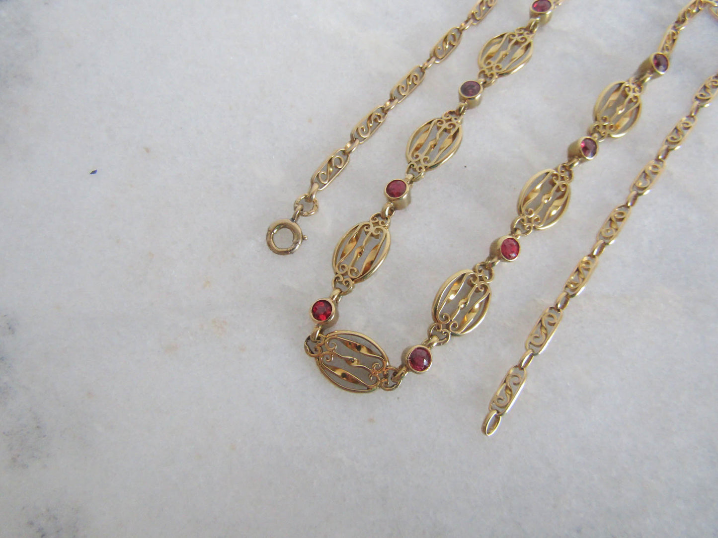 French 18K Solid Gold Drapery Necklace with Red Spinel, Antique Belle Epoque Choker Necklace c. 1900