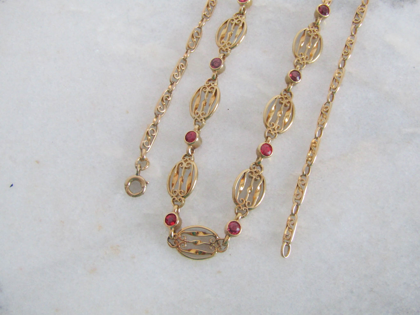 French 18K Solid Gold Drapery Necklace with Red Spinel, Antique Belle Epoque Choker Necklace c. 1900