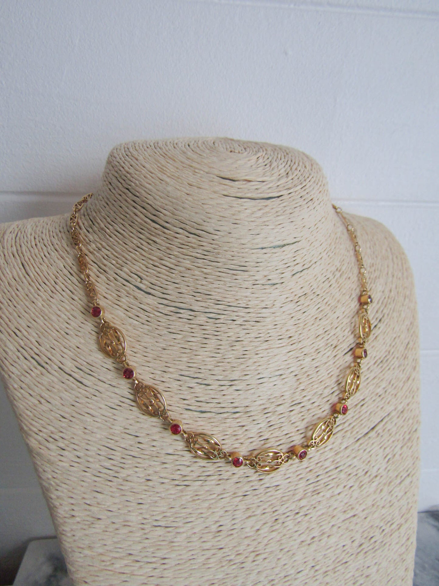 French 18K Solid Gold Drapery Necklace with Red Spinel, Antique Belle Epoque Choker Necklace c. 1900