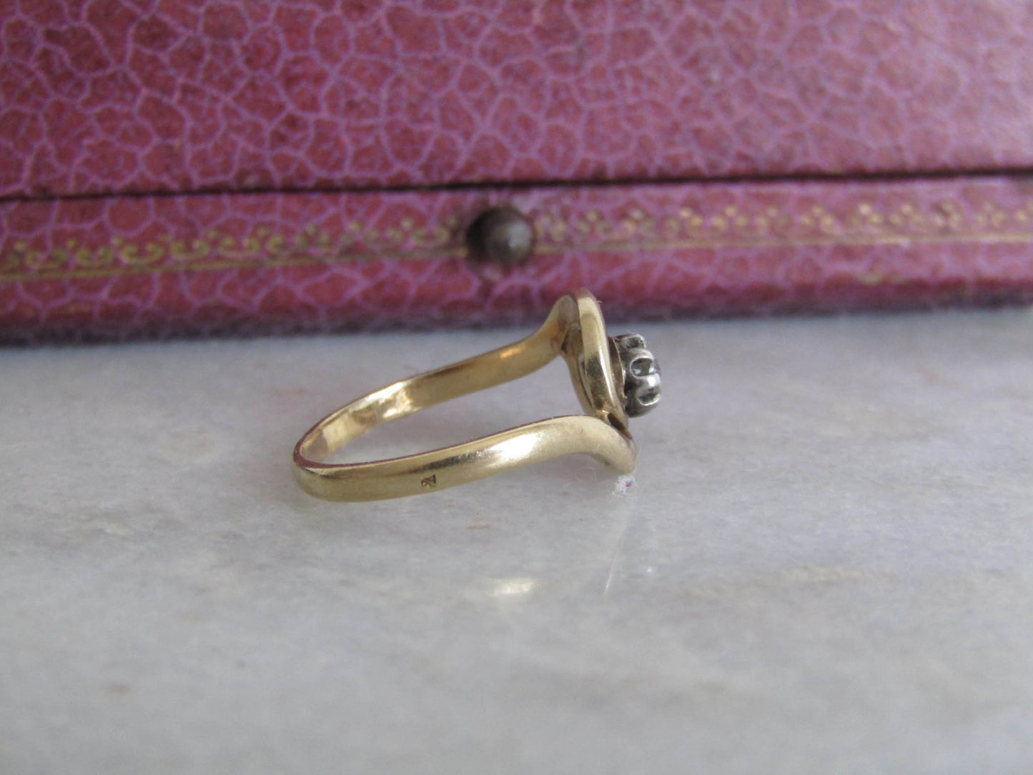 Antique French Solid Gold Tourbillon Diamond Solitaire Swirl Ring