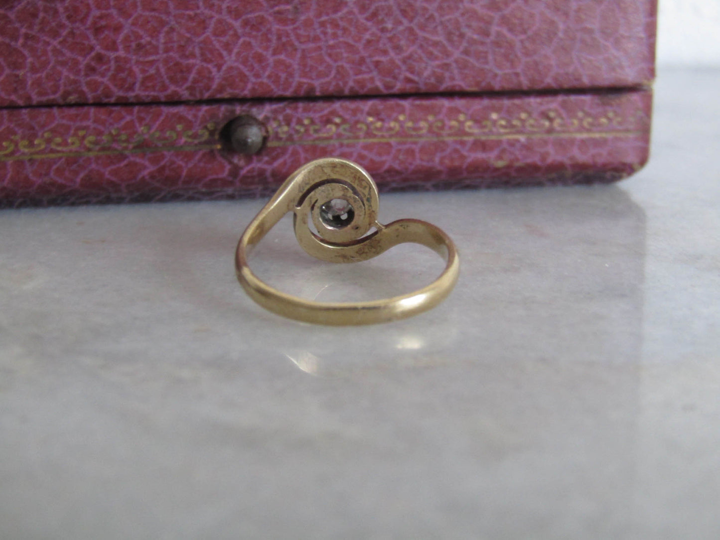 Antique French Solid Gold Tourbillon Diamond Solitaire Swirl Ring