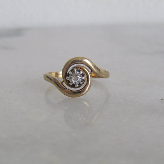 Antique French Solid Gold Tourbillon Diamond Solitaire Swirl Ring