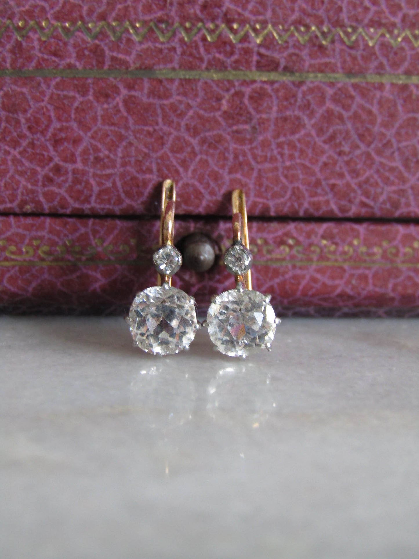 Antique French 18K Solid Gold Old Mine Cut Paste Sleeper Earrings