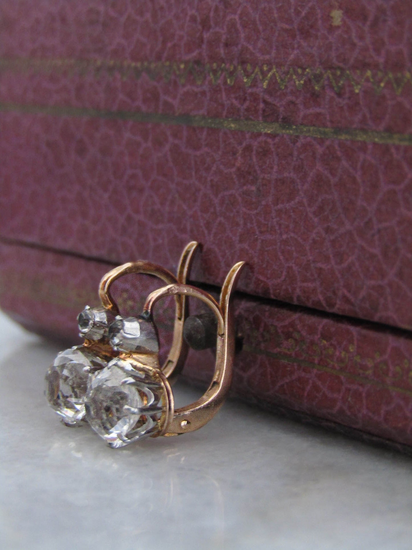 Antique French 18K Solid Gold Old Mine Cut Paste Sleeper Earrings