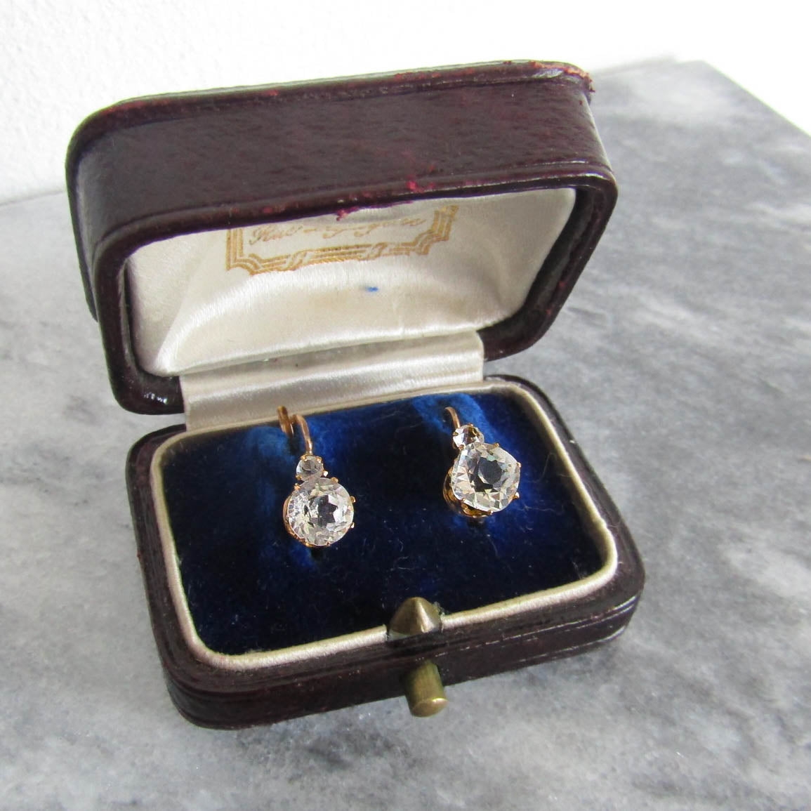 Antique French 18K Solid Gold Old Mine Cut Paste Sleeper Earrings