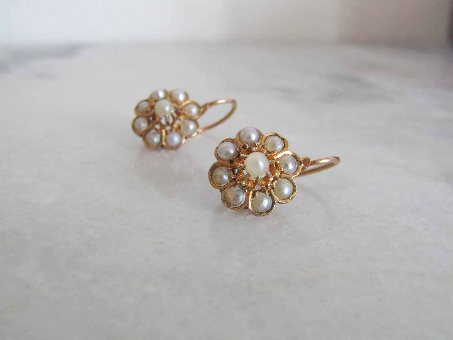 Antique French Pearl Daisy Dormeuse Sleeper Earrings, Belle Epoque Seed Pearl Floral Earrings