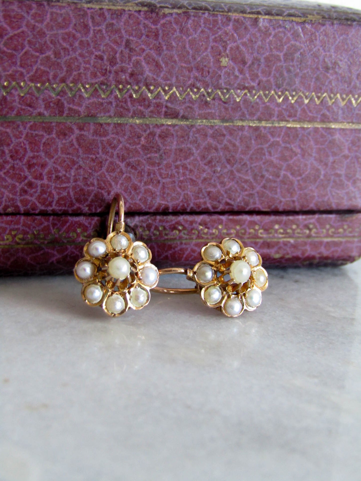 Antique French Pearl Daisy Dormeuse Sleeper Earrings, Belle Epoque Seed Pearl Floral Earrings