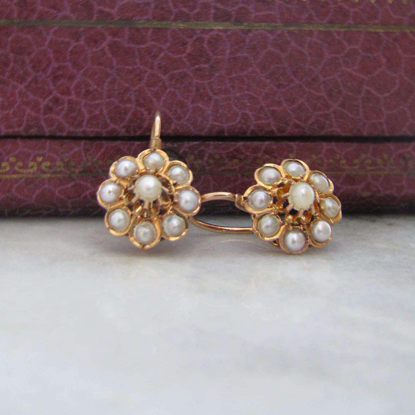 Antique French Pearl Daisy Dormeuse Sleeper Earrings, Belle Epoque Seed Pearl Floral Earrings