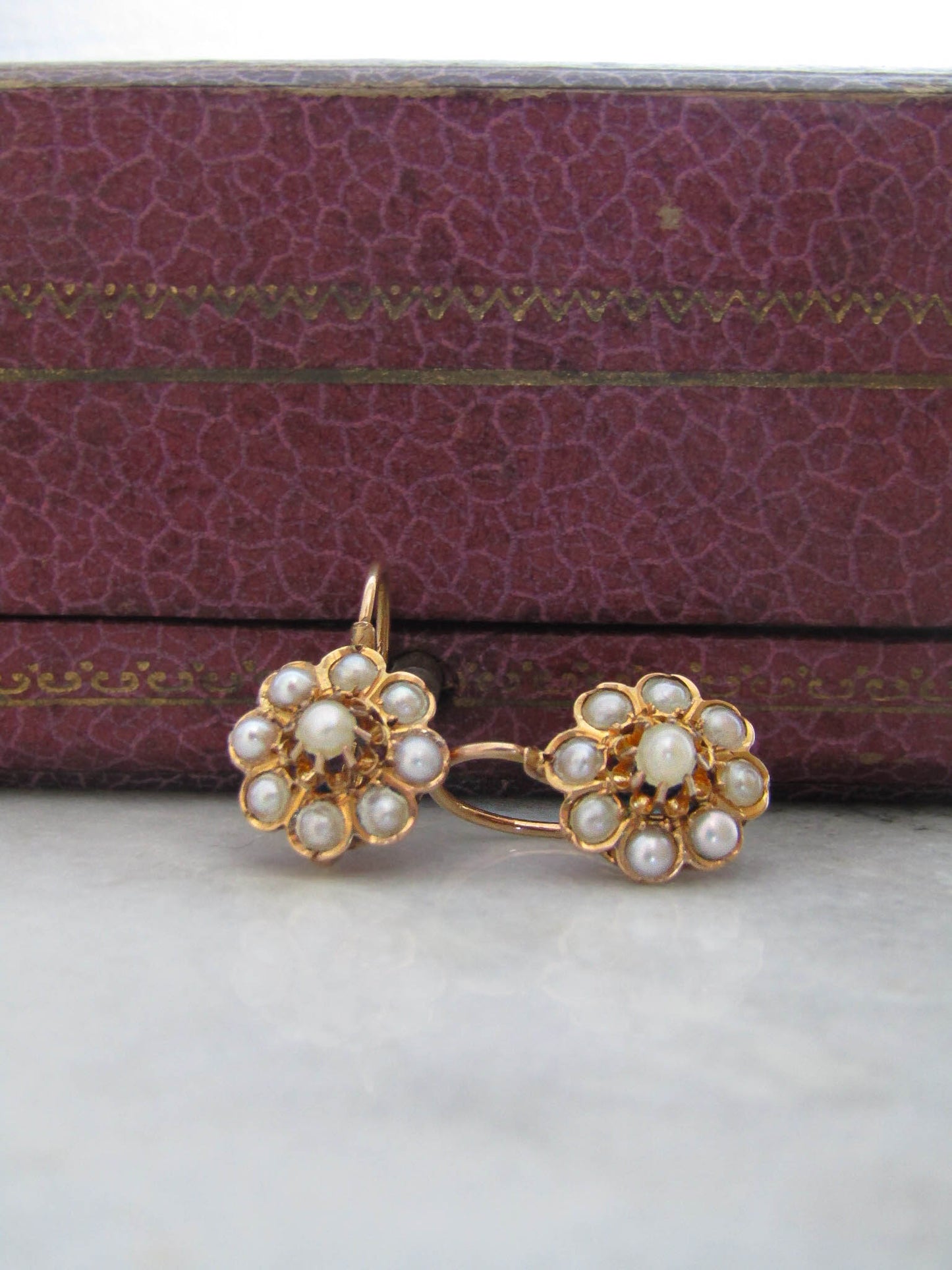 Antique French Pearl Daisy Dormeuse Sleeper Earrings, Belle Epoque Seed Pearl Floral Earrings