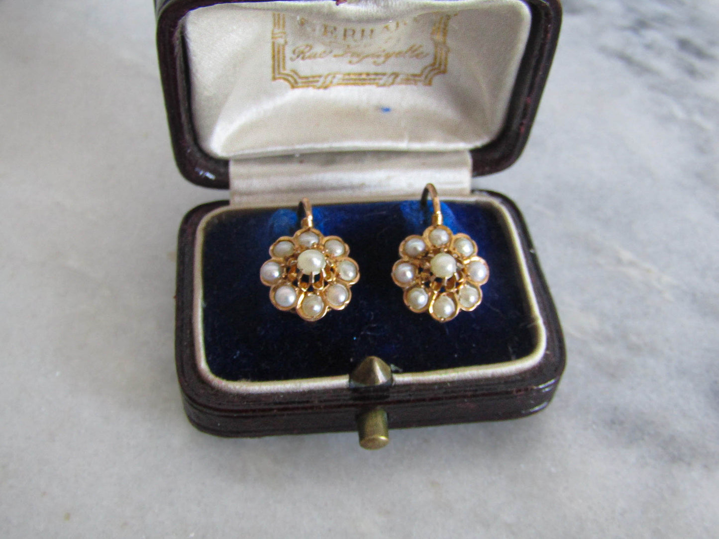 Antique French Pearl Daisy Dormeuse Sleeper Earrings, Belle Epoque Seed Pearl Floral Earrings