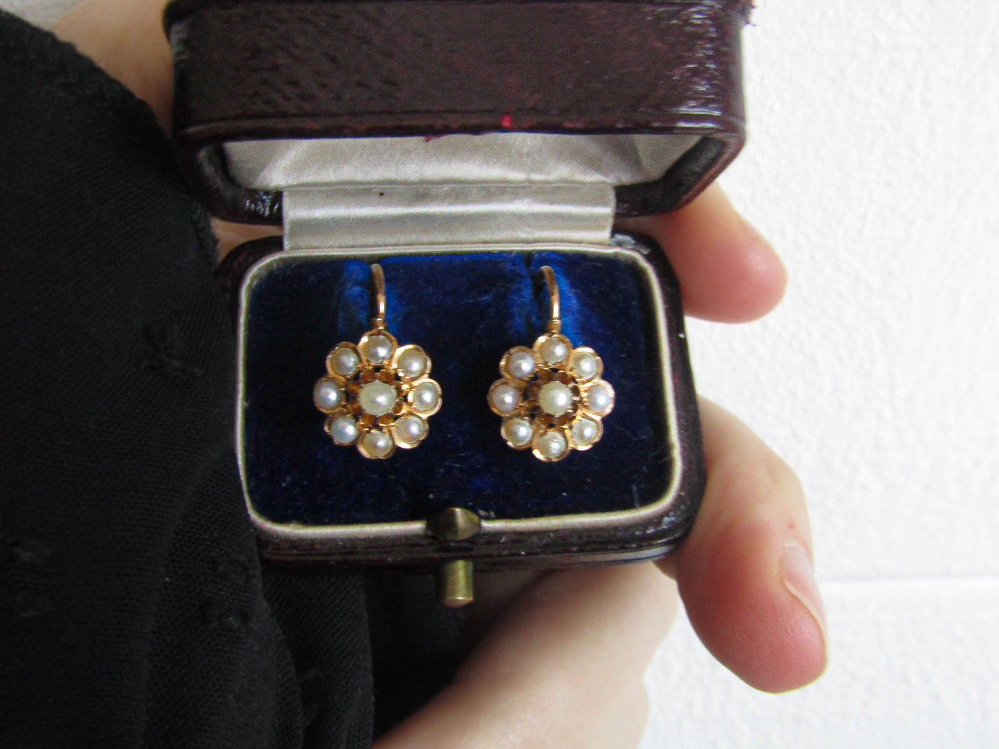 Antique French Pearl Daisy Dormeuse Sleeper Earrings, Belle Epoque Seed Pearl Floral Earrings