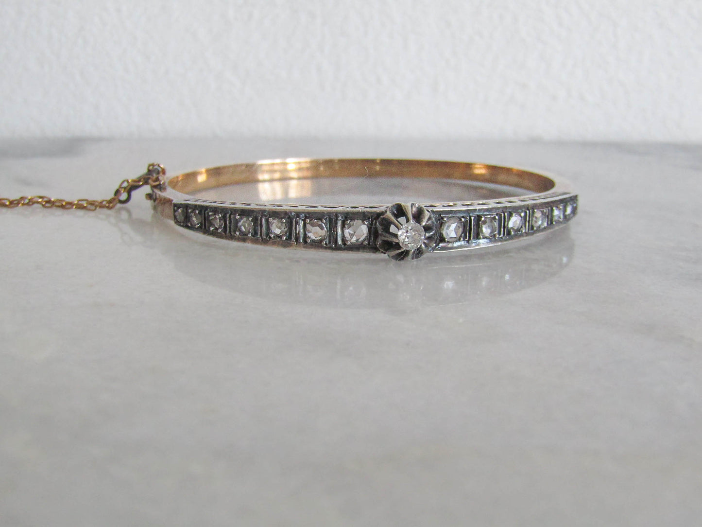 Antique French Diamond Bangle Bracelet, Belle Epoque Silver and 18K Gold Diamond Riviere Bracelet