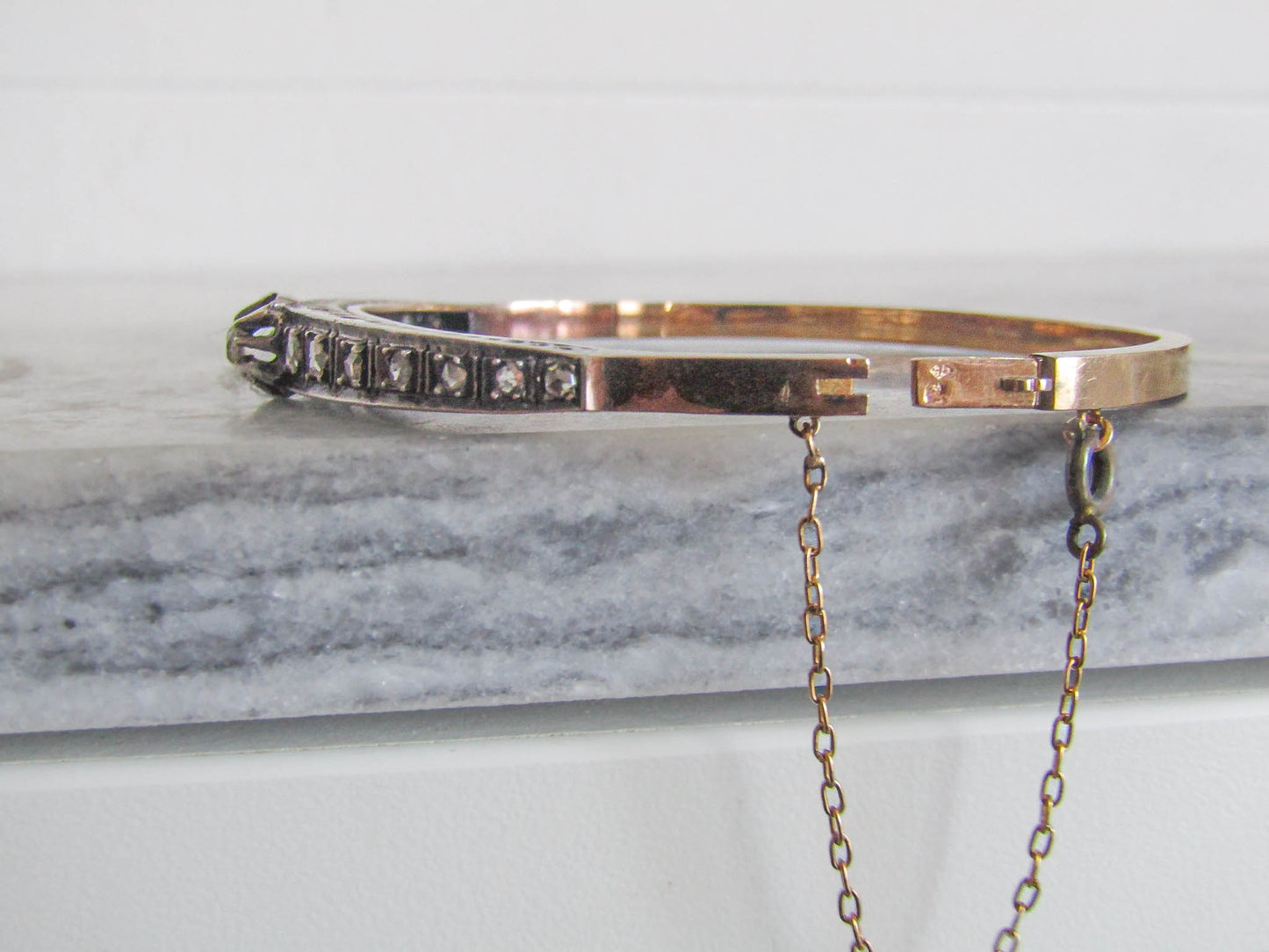 Antique French Diamond Bangle Bracelet, Belle Epoque Silver and 18K Gold Diamond Riviere Bracelet