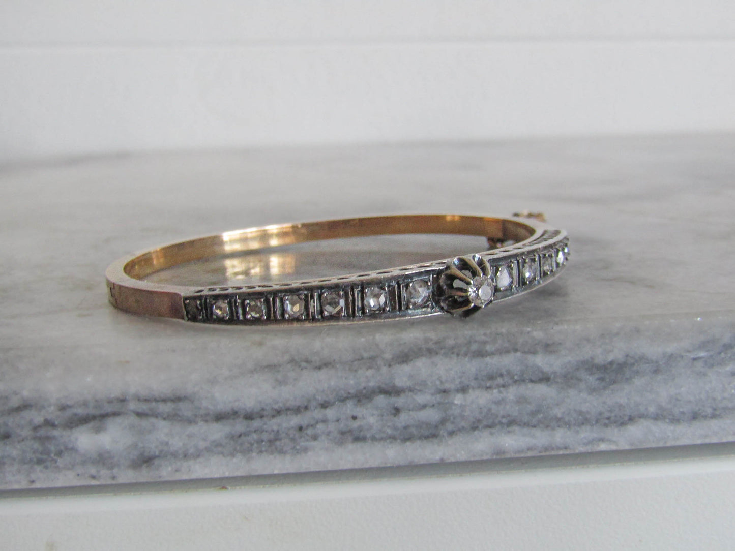 Antique French Diamond Bangle Bracelet, Belle Epoque Silver and 18K Gold Diamond Riviere Bracelet