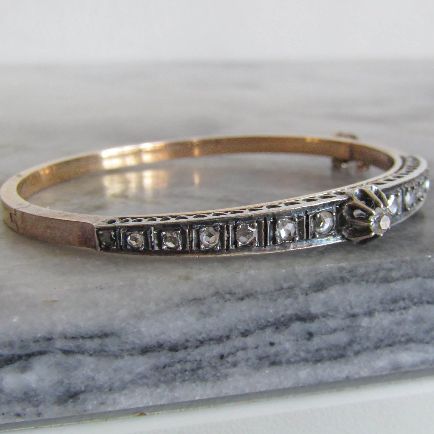 Antique French Diamond Bangle Bracelet, Belle Epoque Silver and 18K Gold Diamond Riviere Bracelet