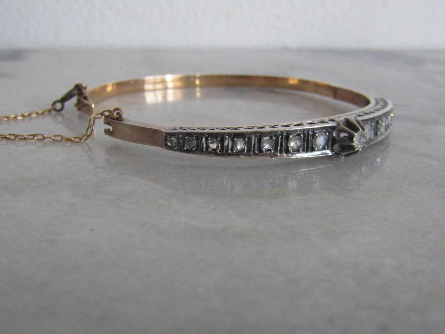 Antique French Diamond Bangle Bracelet, Belle Epoque Silver and 18K Gold Diamond Riviere Bracelet