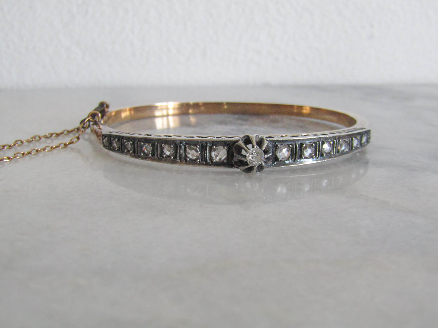 Antique French Diamond Bangle Bracelet, Belle Epoque Silver and 18K Gold Diamond Riviere Bracelet