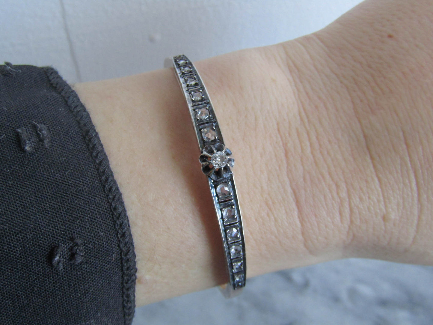 Antique French Diamond Bangle Bracelet, Belle Epoque Silver and 18K Gold Diamond Riviere Bracelet