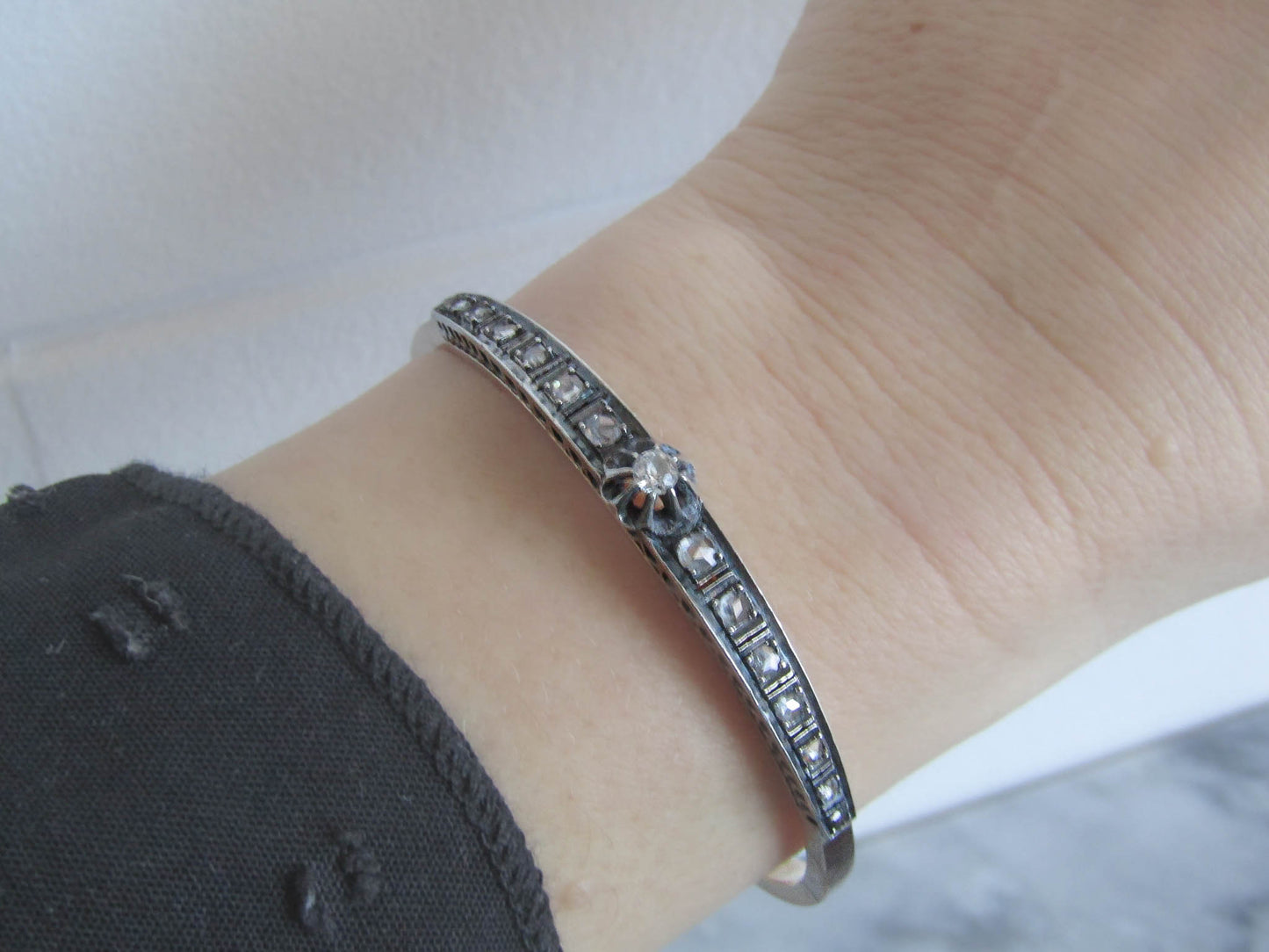 Antique French Diamond Bangle Bracelet, Belle Epoque Silver and 18K Gold Diamond Riviere Bracelet