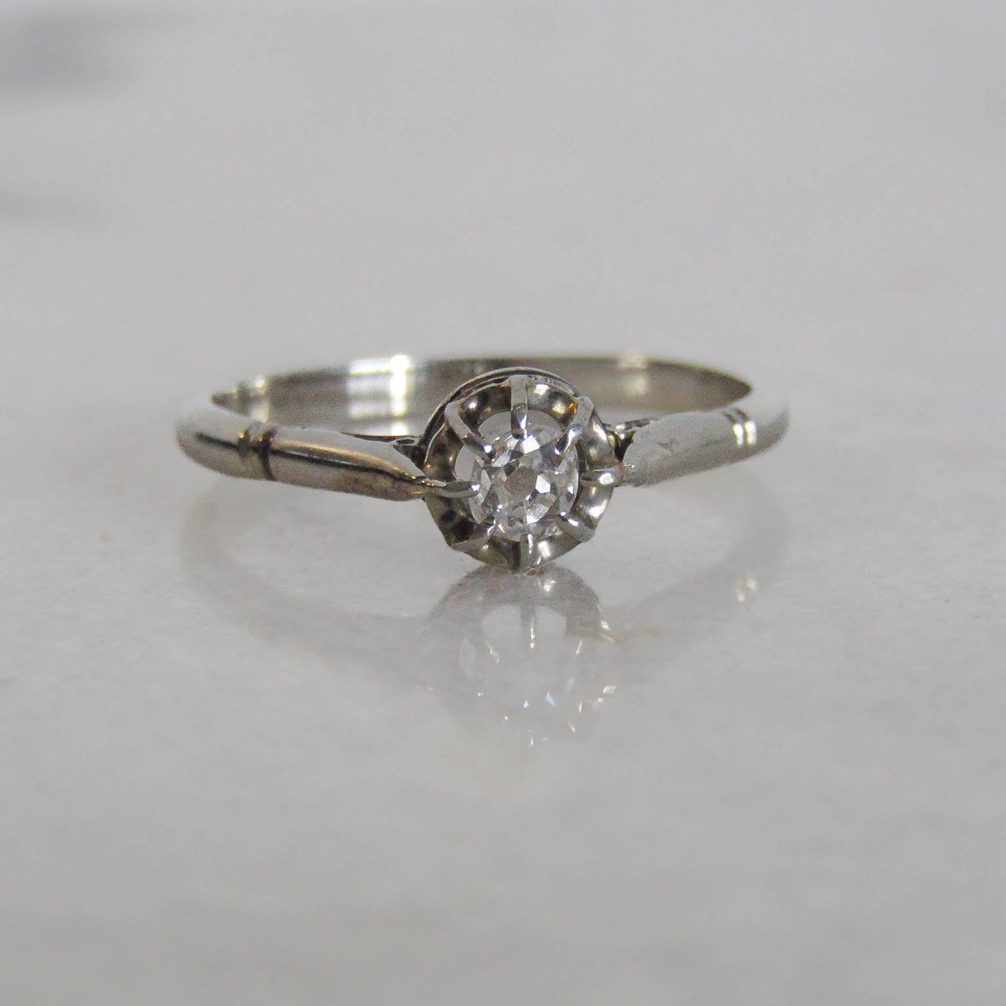 Antique 18K White Gold Old Mine Cut Diamond Solitaire Engagement Ring