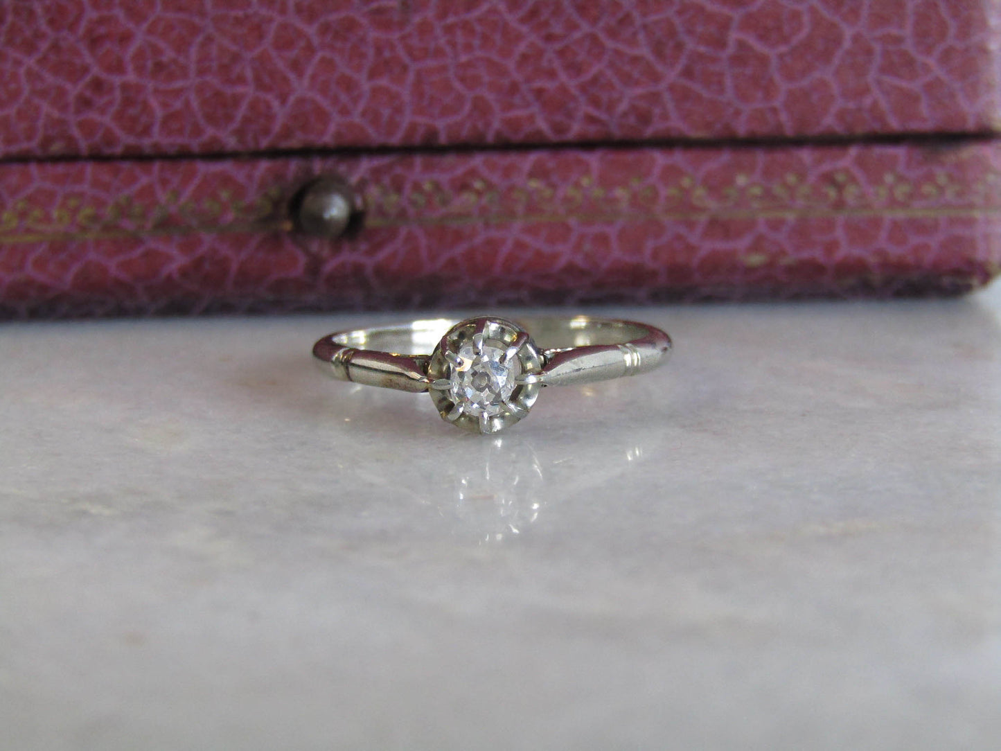 Antique 18K White Gold Old Mine Cut Diamond Solitaire Engagement Ring