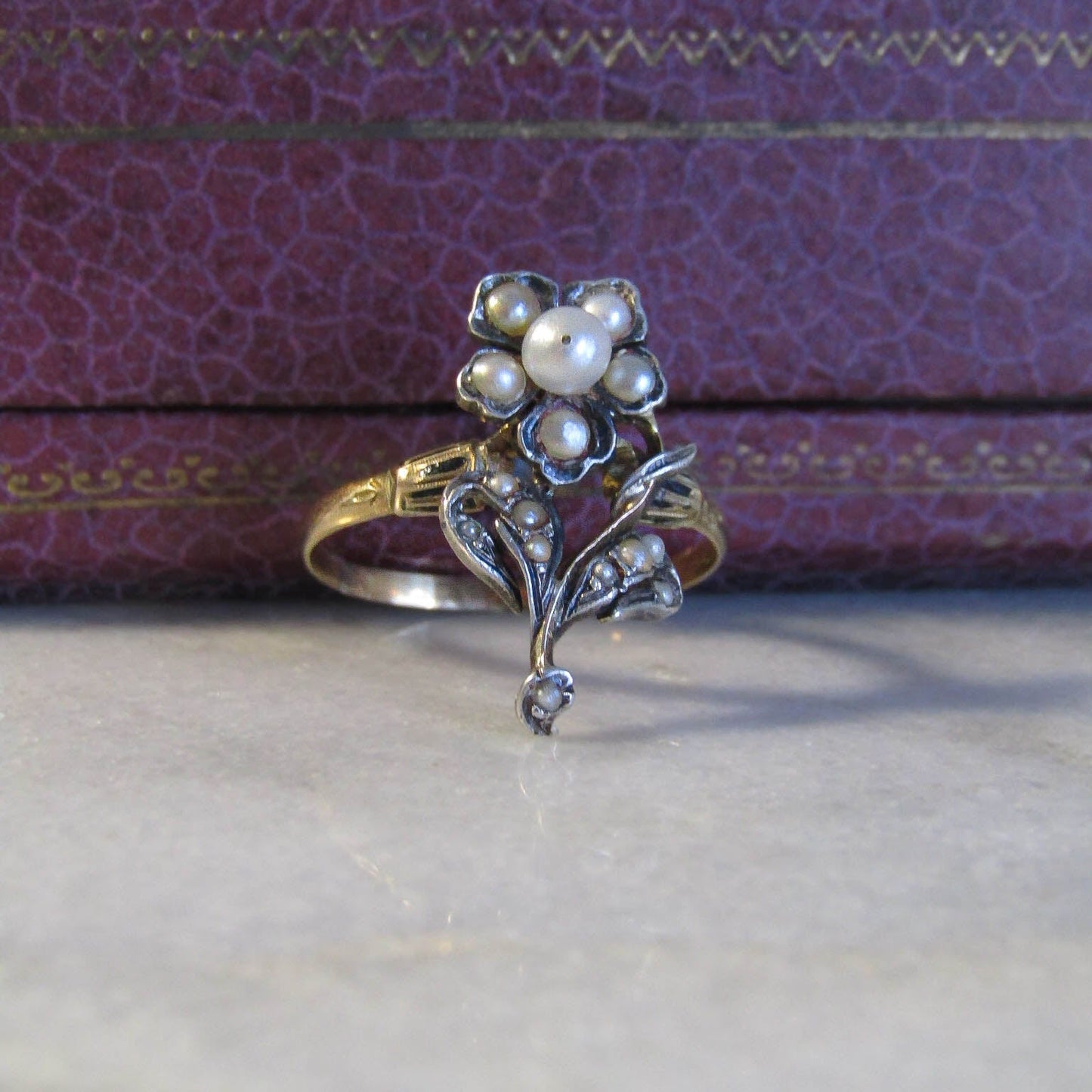 Antique 18k Gold and Silver Pearl Flower Ring