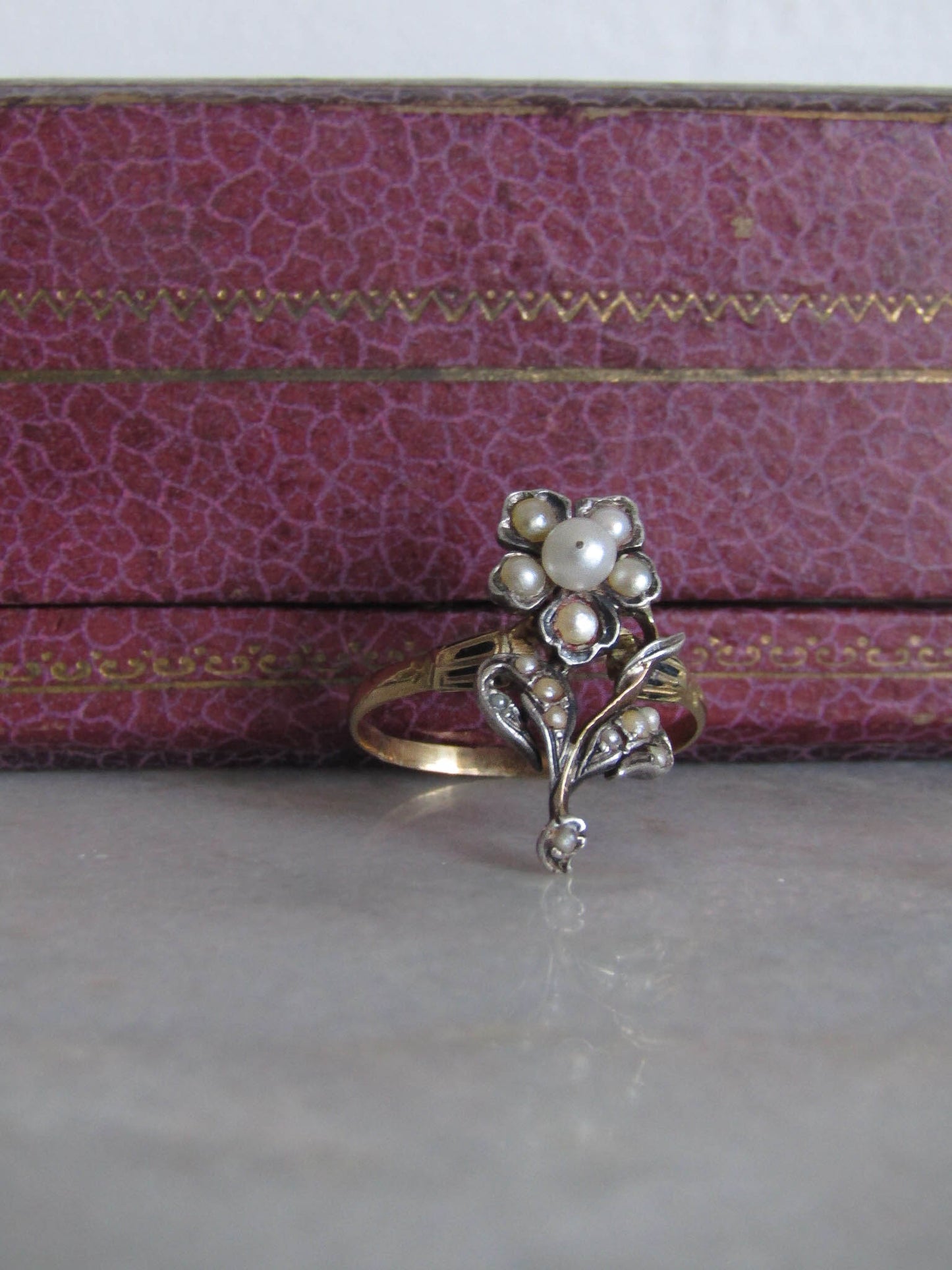 Antique 18k Gold and Silver Pearl Flower Ring