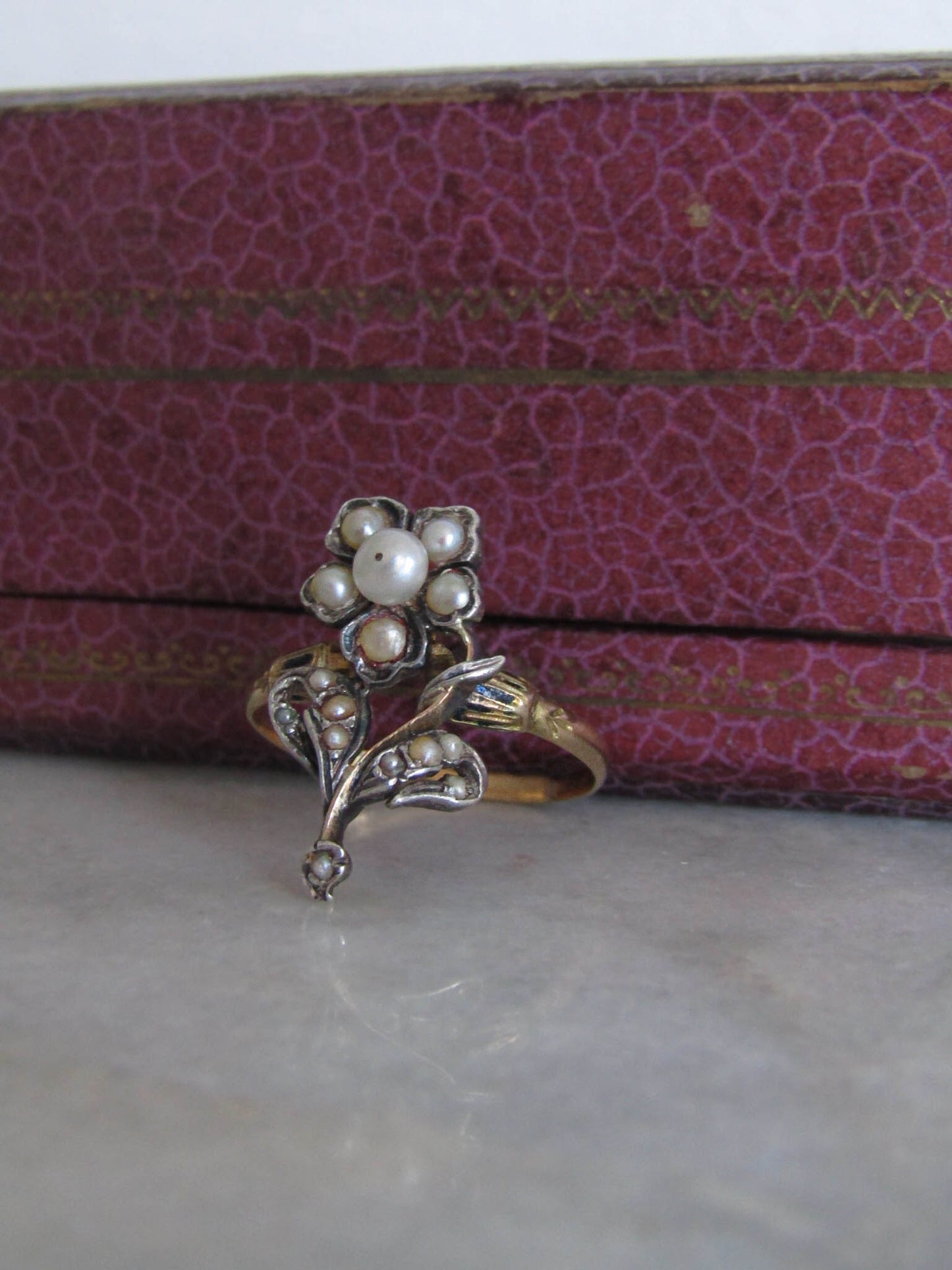 Antique 18k Gold and Silver Pearl Flower Ring