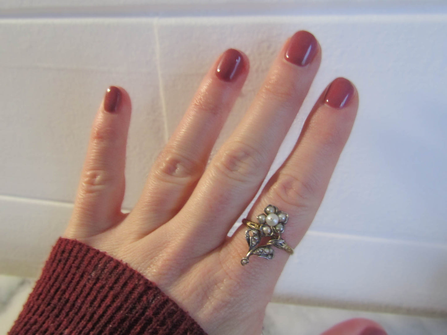 Antique 18k Gold and Silver Pearl Flower Ring