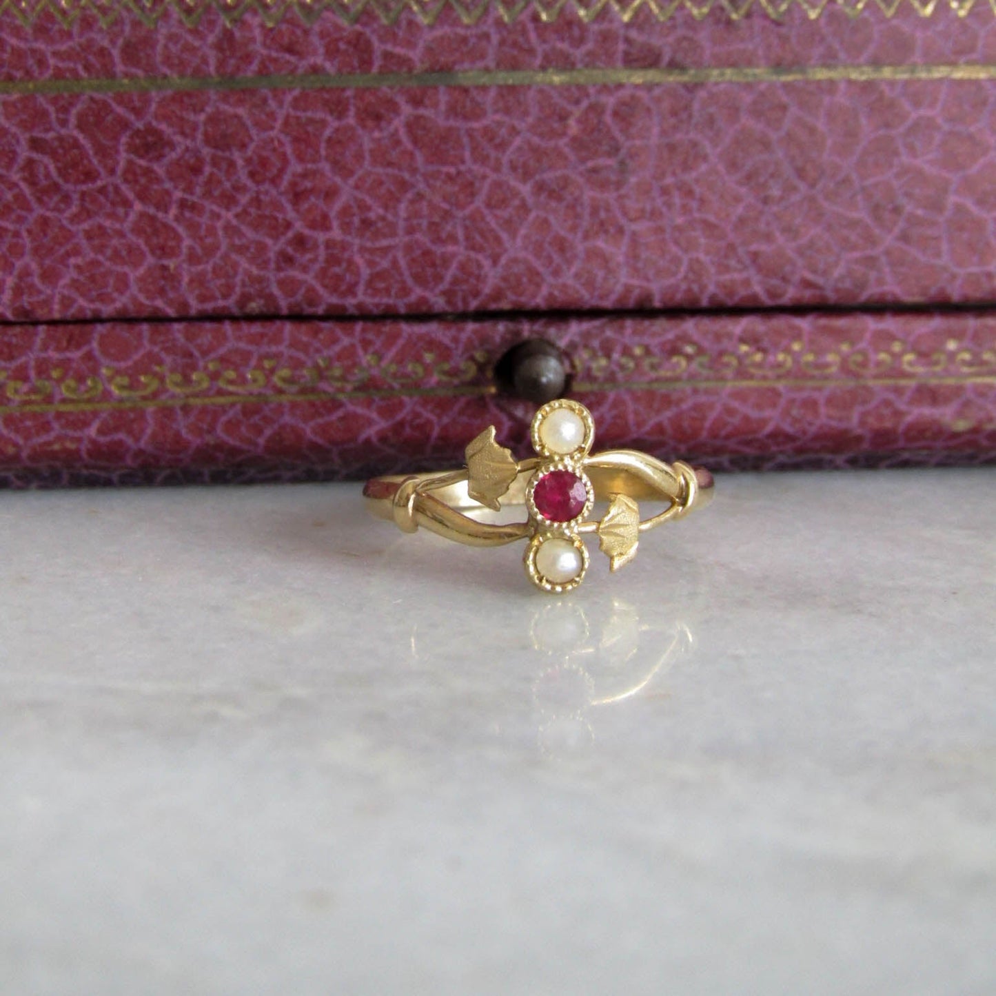 Antique Art Nouveau Garnet and Pearl Ring c. 1900