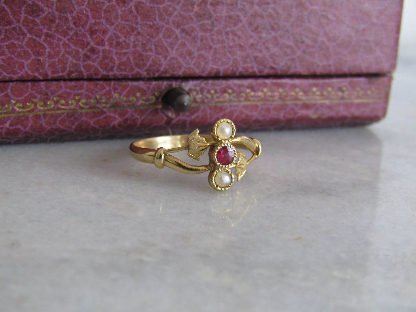 Antique Art Nouveau Garnet and Pearl Ring c. 1900