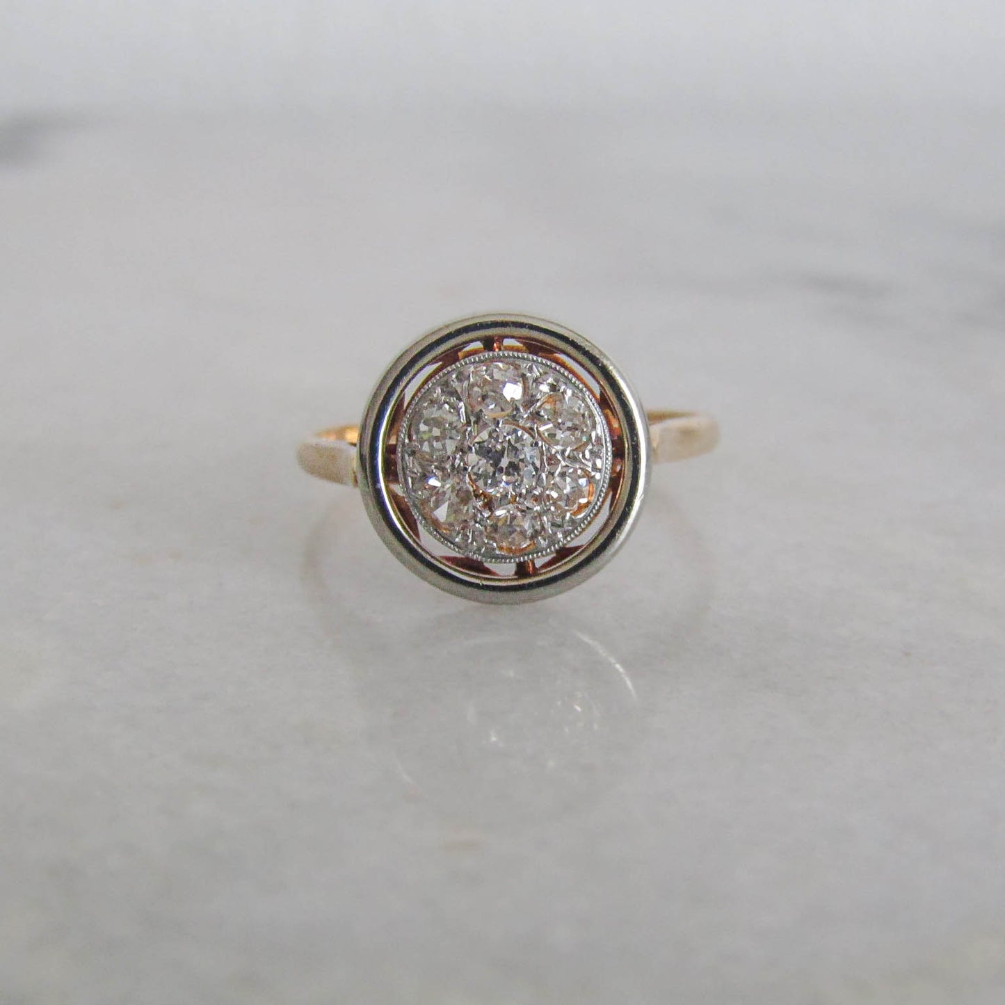 French 18K Gold Diamond Pave Halo Ring, Antique French Art Deco Ring c. 1910